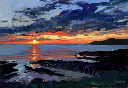 sunset over morte point colourful beach gouache painting by woolacombe artist Steve PP