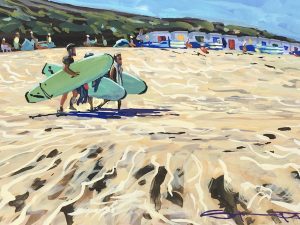 three surfers walking across Woolacombe beach to go surfing painting
