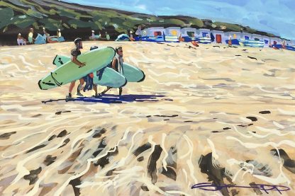 three surfers walking across Woolacombe beach to go surfing painting