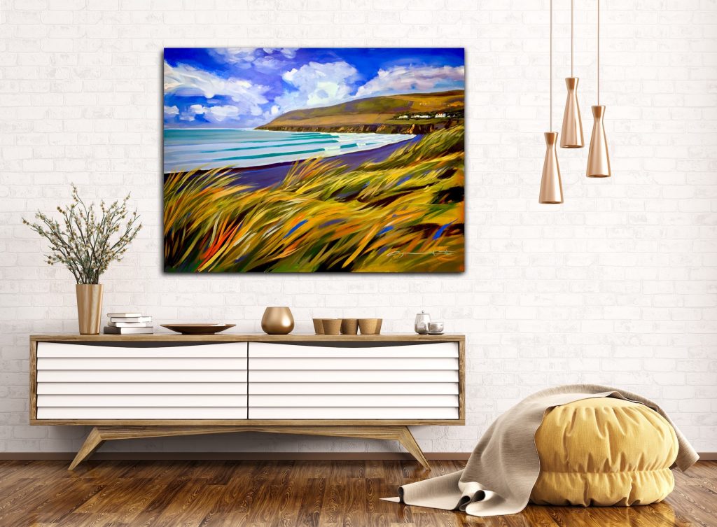 saunton sands beach painting hanging in a white room