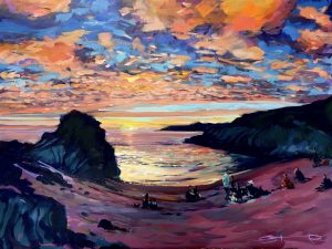 sunset on barricane beach colourful painting