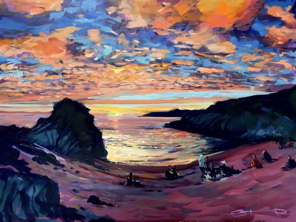 sunset on barricane beach colourful painting