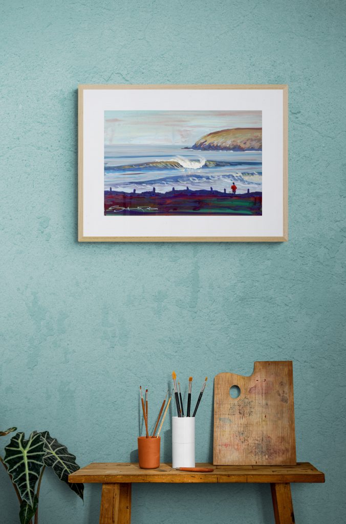 Low tide Croyde autumn hanging in a wood frame in an artists studio