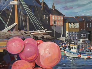 Harbour gouache painting fishing sailing boats