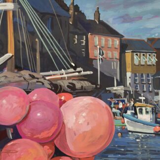 Harbour gouache painting fishing sailing boats
