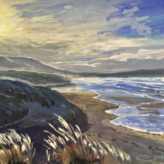 winter sun backlighting the sand dunes on Woolacombe beach- gouache painting by Devon artist Steve PP
