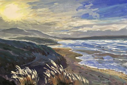 winter sun backlighting the sand dunes on Woolacombe beach- gouache painting by Devon artist Steve PP