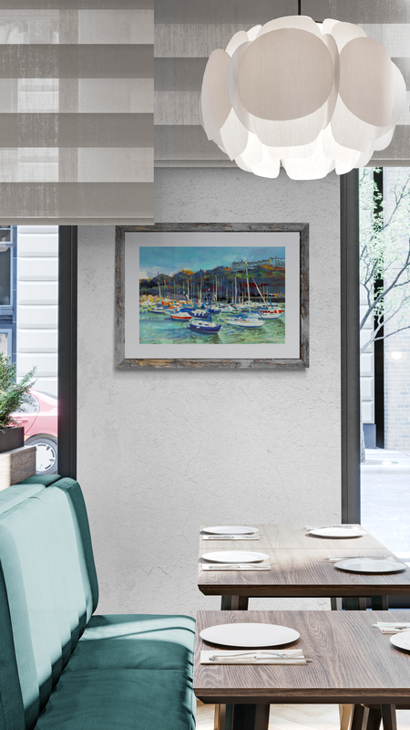 Harbour Light framed print hanging a bright cafe 