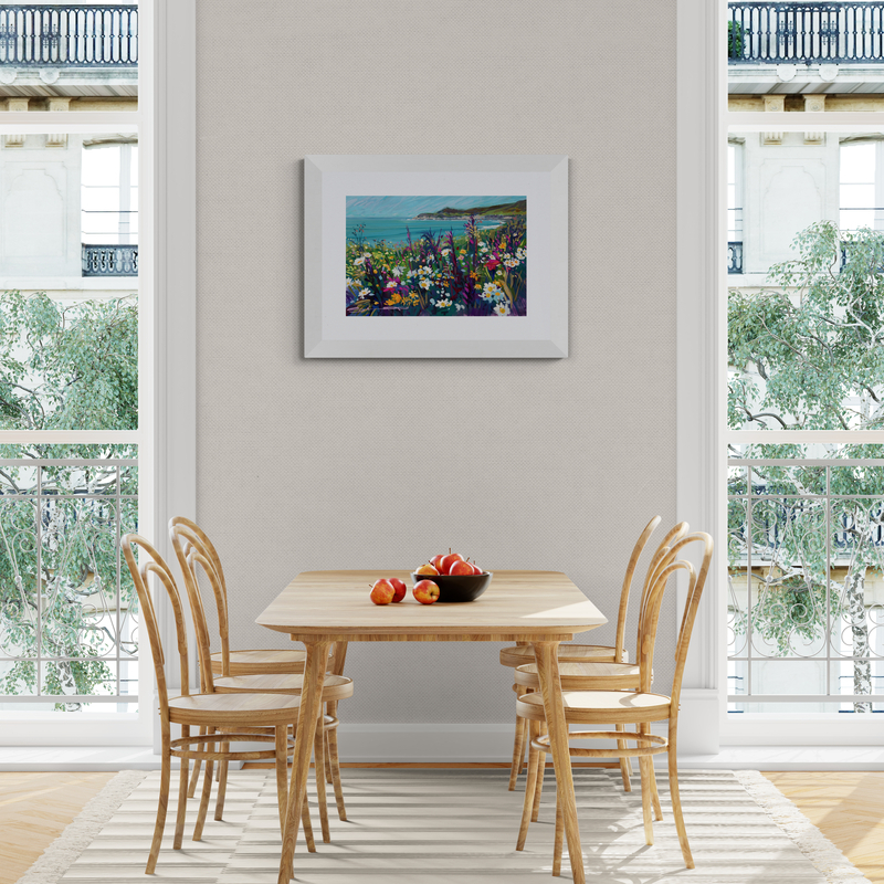 Coastal Spring in a frame in a light filled dining room