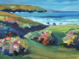 Painting of the coast with turqouise sea and bushes full of flowers