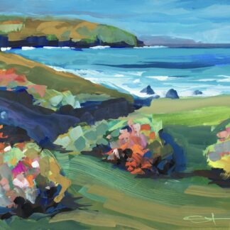 Painting of the coast with turqouise sea and bushes full of flowers