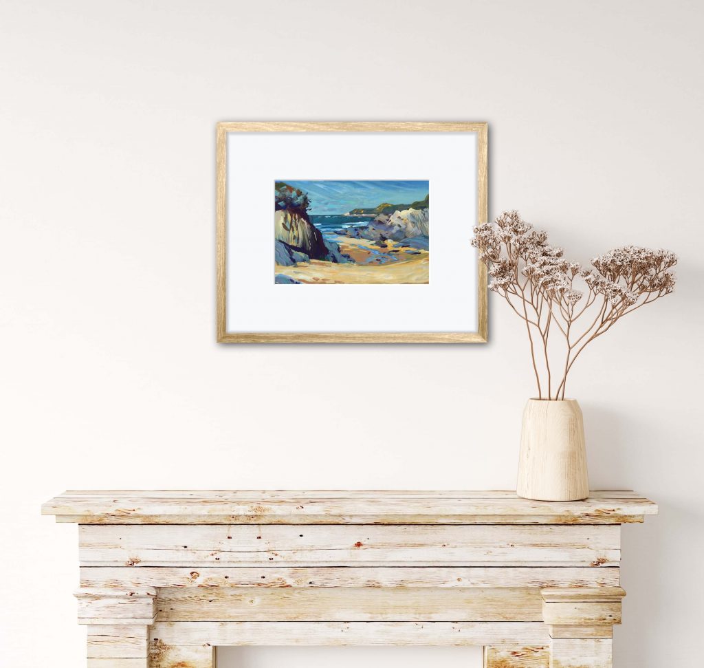 Framed Barricane beach gouache painting