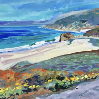 Colourful gouache painting of Morning Sea Fog on a hot sunny day with blue skies and turquoise ocean at Little Sur River Beach, Monterey, California, with summer flowers on the pacific coast highway Original gouache painting