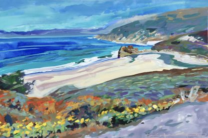 Colourful gouache painting of Morning Sea Fog on a hot sunny day with blue skies and turquoise ocean at Little Sur River Beach, Monterey, California, with summer flowers on the pacific coast highway Original gouache painting