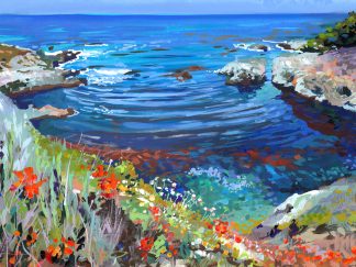 Painting of blue ocean and flowers on the cliffs above