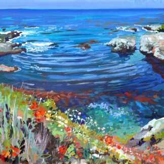 Colourful gouache Painting of blue ocean on a high tide with summer flowers on the cliffs above a secluded cove in California