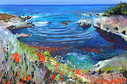 Colourful gouache Painting of blue ocean on a high tide with summer flowers on the cliffs above a secluded cove in California