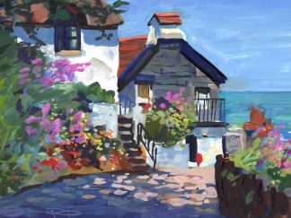sunlight and shadows on a coastal cottage gouache painting