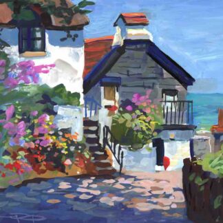 sunlight and shadows on a coastal cottage gouache painting