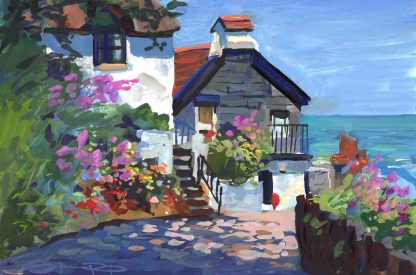 sunlight and shadows on a coastal cottage gouache painting