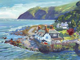 Gouache painting of a house on the coast with high sea cliffs in the distance