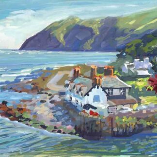 Gouache painting of a house on the coast with high sea cliffs in the distance