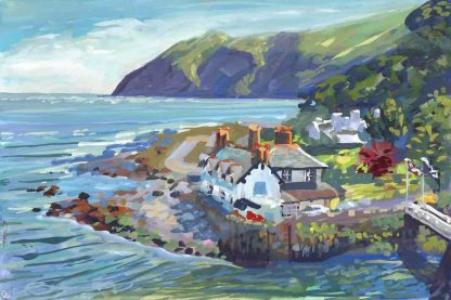 Gouache painting of a house on the coast with high sea cliffs in the distance