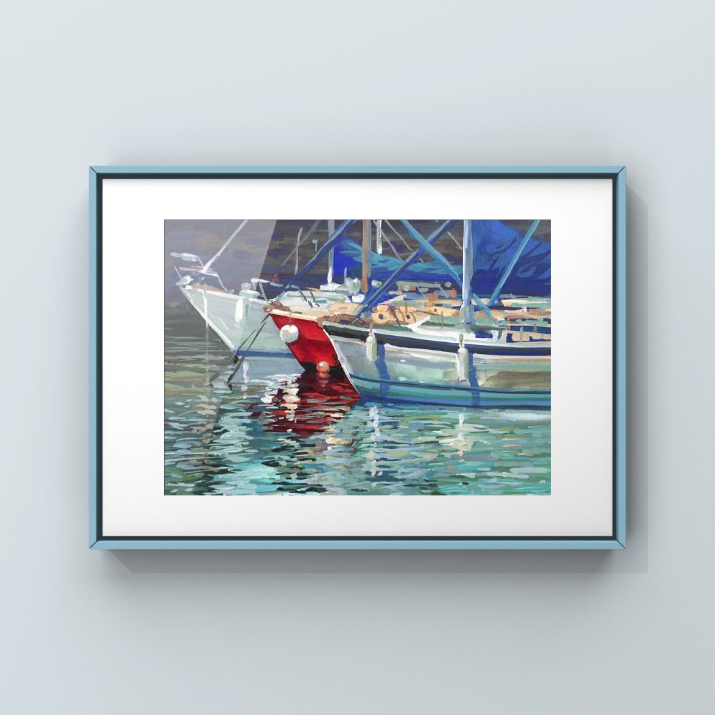 Dock of the Bay painting in a light blue frame