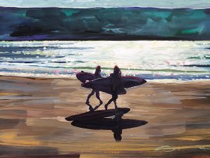 Colourful painting of two surfers carrying surfboards on a beach