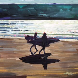 Colourful painting of two surfers carrying surfboards on a beach