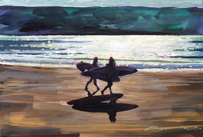 Colourful painting of two surfers carrying surfboards on a beach