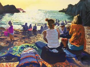 painting of a family enjoying a sunset on the beach