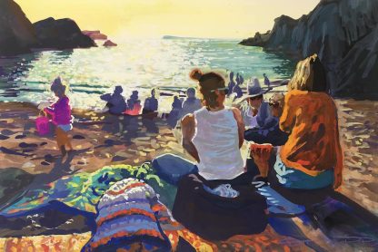 painting of a family enjoying a sunset on the beach