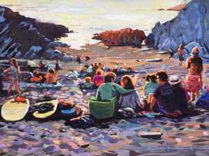 colourful painting of a beach full of surfers and families watching the sunset