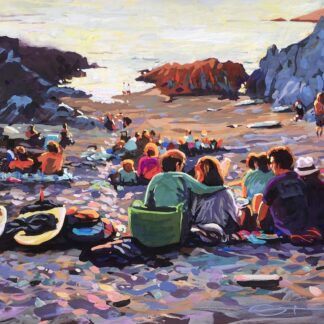 colourful painting of a beach full of surfers and families watching the sunset