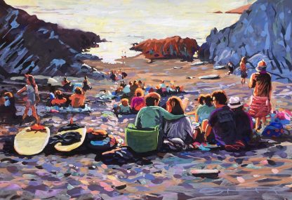 colourful painting of a beach full of surfers and families watching the sunset
