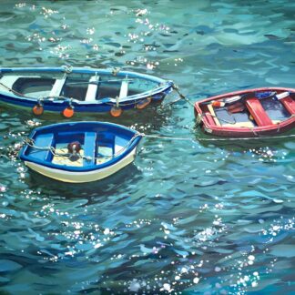 Three boats in the sunshine sparkle. Harbour painting by Devon artist Steve PP