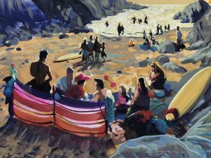 colourful painting of people on a beach in the sunset