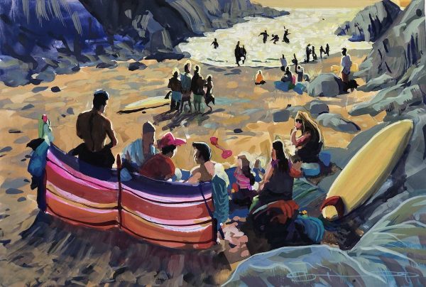 colourful painting of people on a beach in the sunset