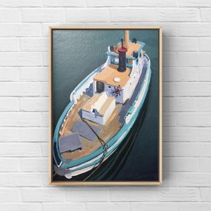 Old timer boat painting hanging in a wood frame on a white brick wall
