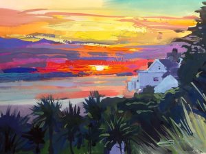 colourful painting of an autumnal sunset over the sea