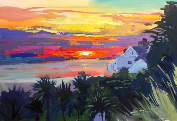 colourful painting of an autumnal sunset over the sea