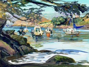 colourful gouache painting of boats in devon