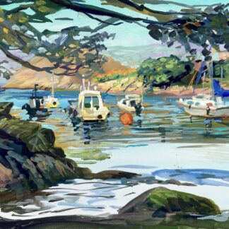 colourful gouache painting of boats in devon
