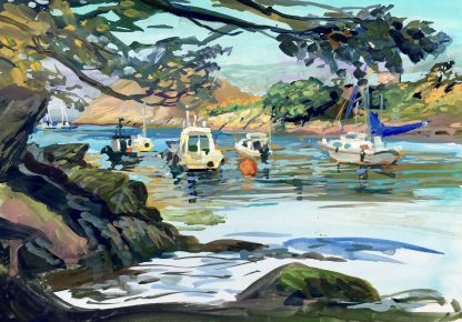 colourful gouache painting of boats in devon