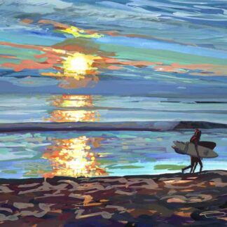 painting of surfers walking along at beach at sunset
