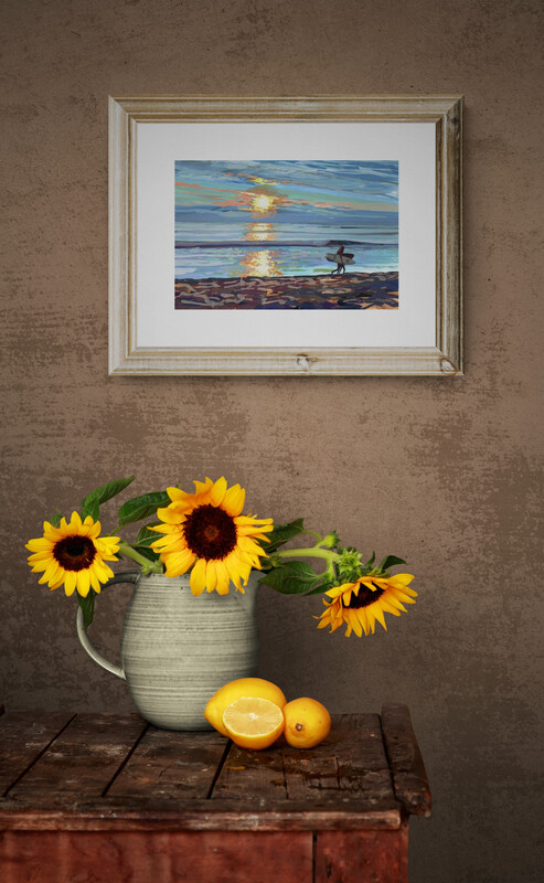 walking home framed and hanging on a brown wall with a jug of sunflowers below it