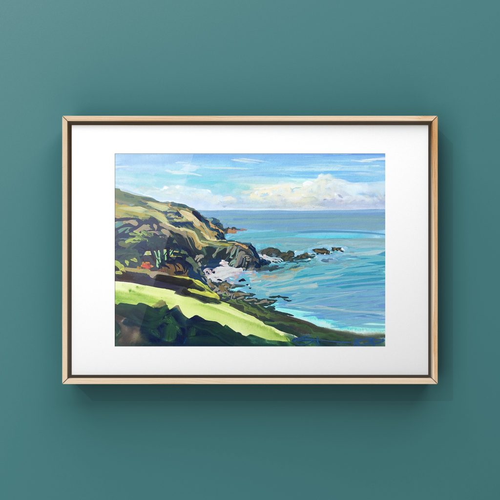 Lee Bay Low Tide in a contemporary wood frame hanging on a green wall