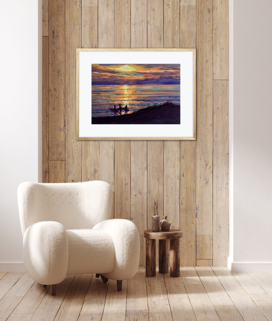 Evening surf sunset print framed on a wooden wall w