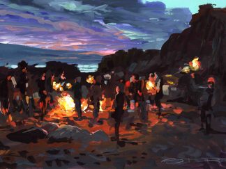 beach fire painting seaside sunset